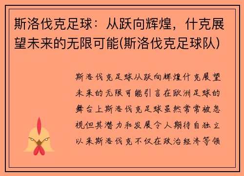 斯洛伐克足球：从跃向辉煌，什克展望未来的无限可能(斯洛伐克足球队)