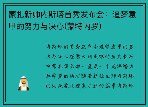 蒙扎新帅内斯塔首秀发布会：追梦意甲的努力与决心(蒙特内罗)