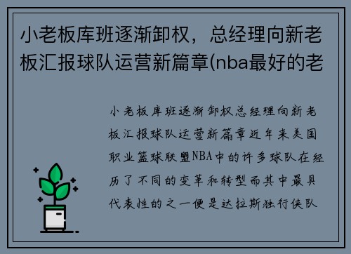 小老板库班逐渐卸权，总经理向新老板汇报球队运营新篇章(nba最好的老板库班)
