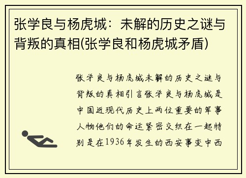 张学良与杨虎城：未解的历史之谜与背叛的真相(张学良和杨虎城矛盾)