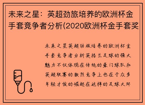 未来之星：英超劲旅培养的欧洲杯金手套竞争者分析(2020欧洲杯金手套奖)