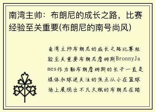 南湾主帅：布朗尼的成长之路，比赛经验至关重要(布朗尼的南号尚风)