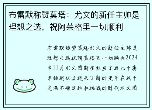 布雷默称赞莫塔：尤文的新任主帅是理想之选，祝阿莱格里一切顺利