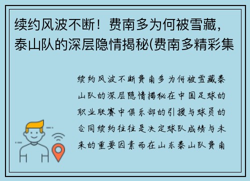 续约风波不断！费南多为何被雪藏，泰山队的深层隐情揭秘(费南多精彩集锦)