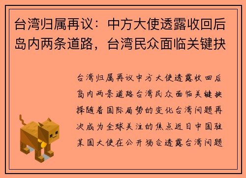 台湾归属再议：中方大使透露收回后岛内两条道路，台湾民众面临关键抉择