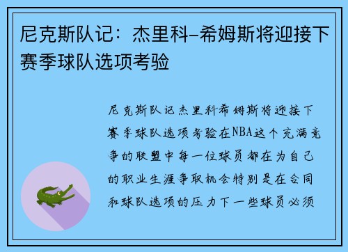 尼克斯队记：杰里科-希姆斯将迎接下赛季球队选项考验