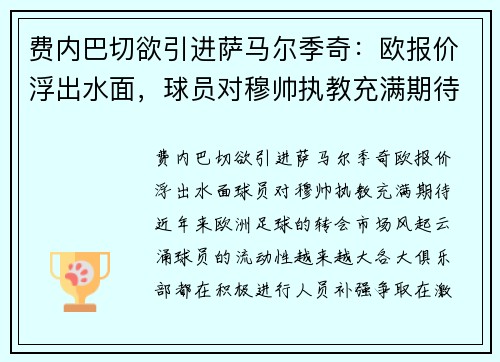 费内巴切欲引进萨马尔季奇：欧报价浮出水面，球员对穆帅执教充满期待