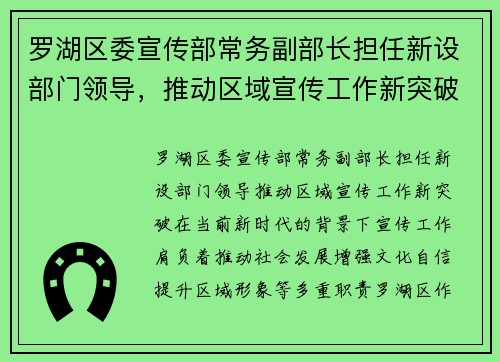 罗湖区委宣传部常务副部长担任新设部门领导，推动区域宣传工作新突破