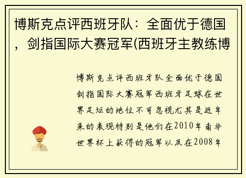 博斯克点评西班牙队：全面优于德国，剑指国际大赛冠军(西班牙主教练博斯克)