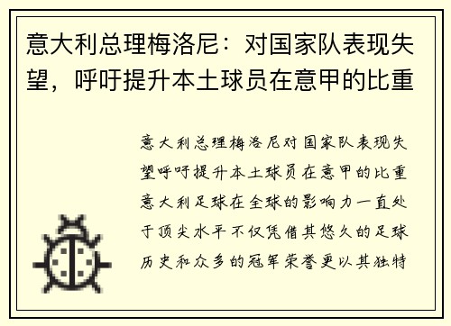 意大利总理梅洛尼：对国家队表现失望，呼吁提升本土球员在意甲的比重