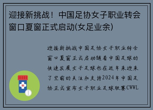 迎接新挑战！中国足协女子职业转会窗口夏窗正式启动(女足业余)