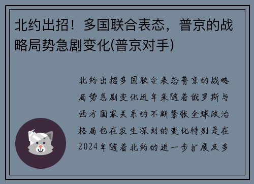 北约出招！多国联合表态，普京的战略局势急剧变化(普京对手)