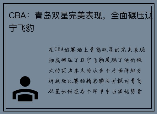 CBA：青岛双星完美表现，全面碾压辽宁飞豹