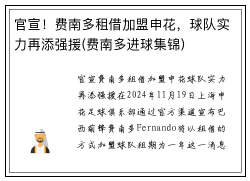官宣！费南多租借加盟申花，球队实力再添强援(费南多进球集锦)
