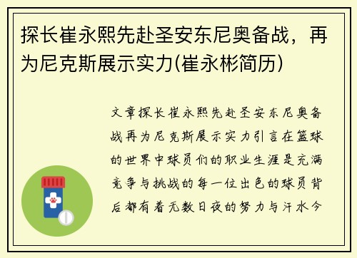 探长崔永熙先赴圣安东尼奥备战，再为尼克斯展示实力(崔永彬简历)