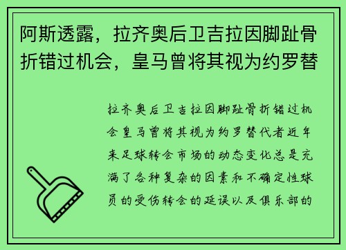 阿斯透露，拉齐奥后卫吉拉因脚趾骨折错过机会，皇马曾将其视为约罗替代者